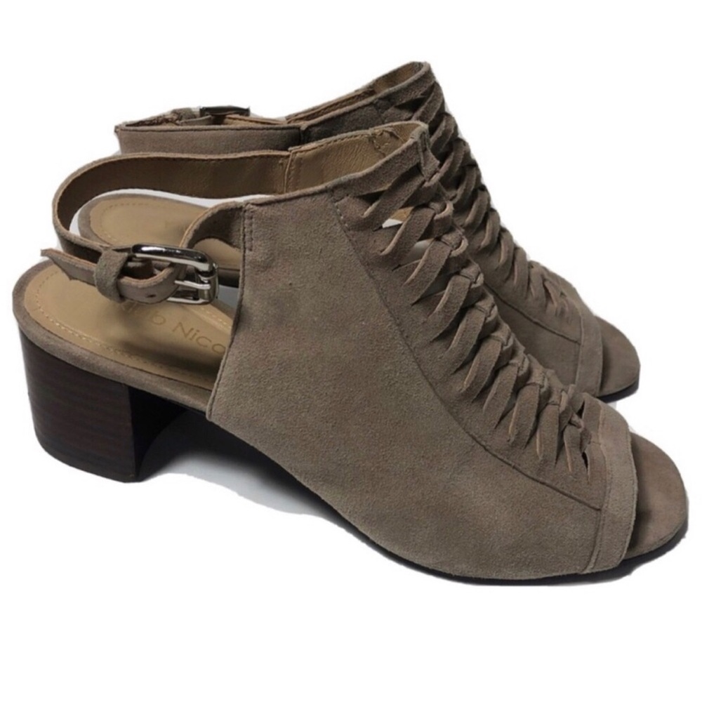 Klub Nico Anthropologie taupe suede peep toe heel sandals. Size 8.